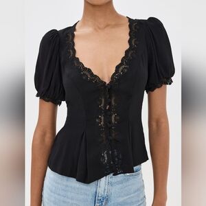 Reformation Black Crepe Lace Puff Sleeve Button Front V-Neck Fitted Minette Top